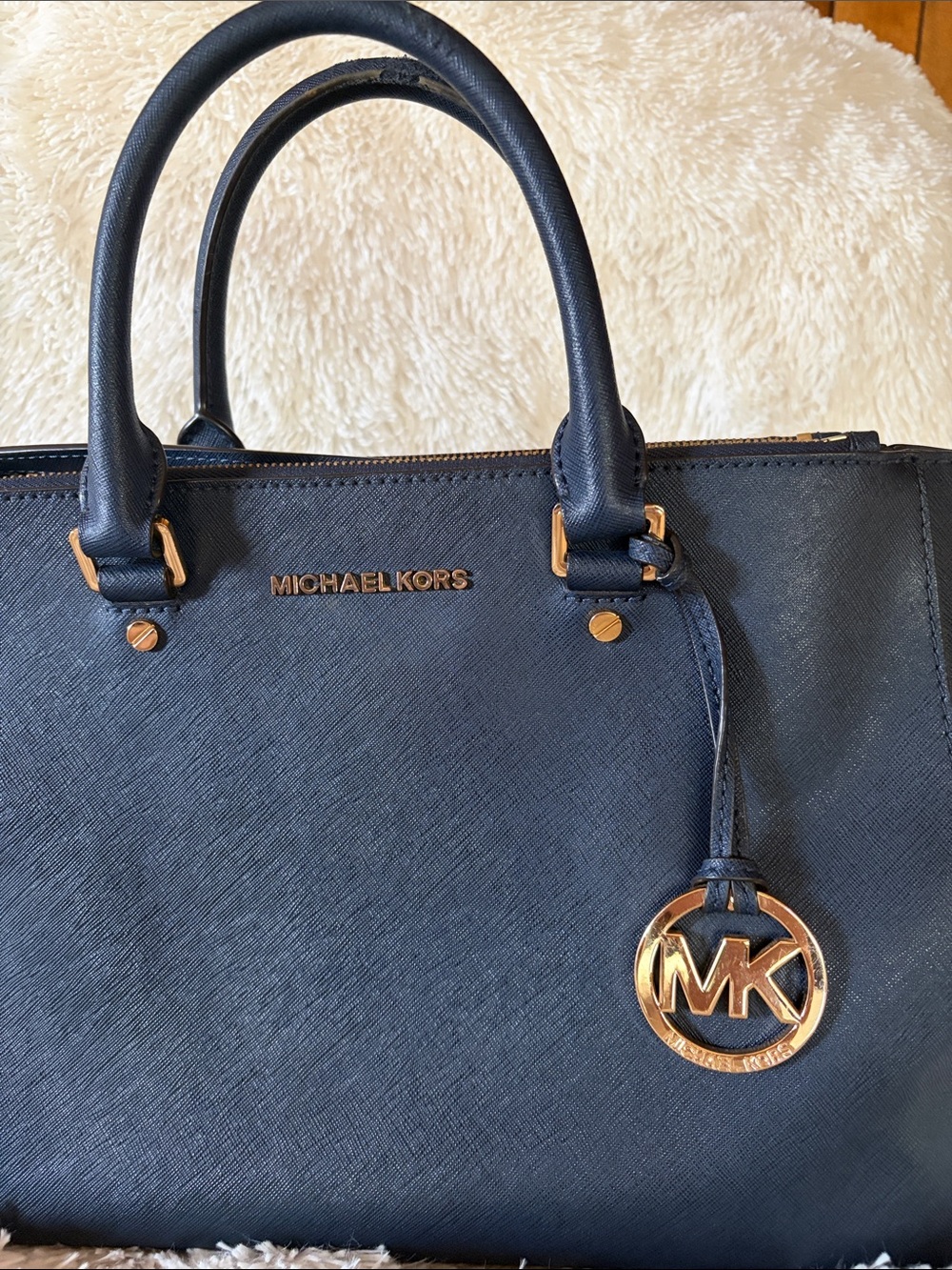Michael Kors Navy Saffiano Leather Satchel with Gold Hardware - Picture 3 of 17